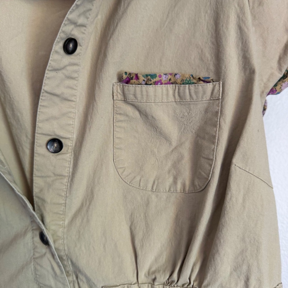 Y2K Merona XL Tan Khaki Floral Trim Button Down Shirt Dress Short Sleeve Pockets - Picture 5 of 8